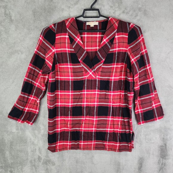 Womens Michael Kors Red & Black Plaid Blouse V-Neck Long Sleeve Size L - Picture 2 of 8